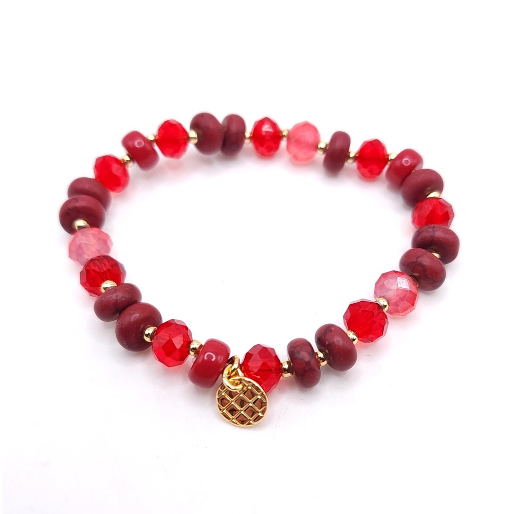Talbots Red Pink Beaded Bracelet Gold Tone Signed Vintage